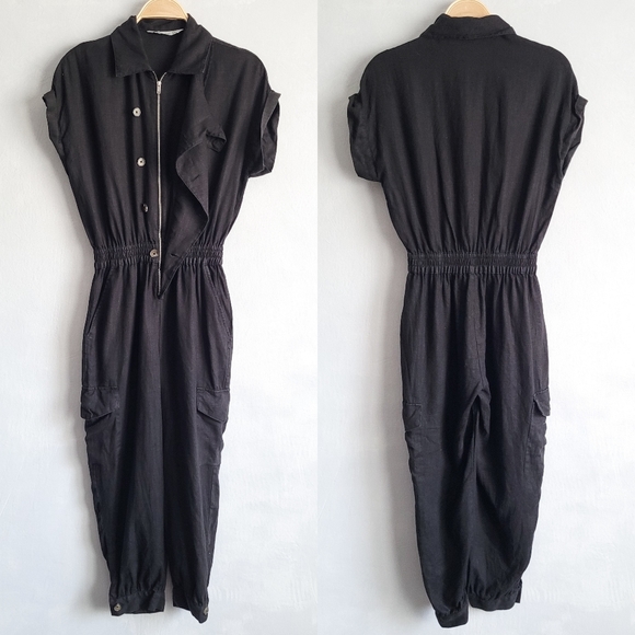 Zara Linen Utility Cargo Black Collared Military Jumpsuit Size Small - Picture 3 of 7